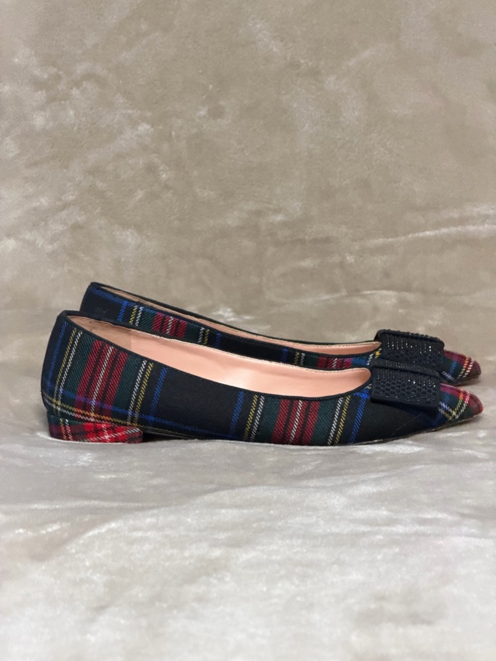 J. Crew Tartan Festive Holiday Plaid Crystal Studded Bow Pointy Toe Ballet Flats